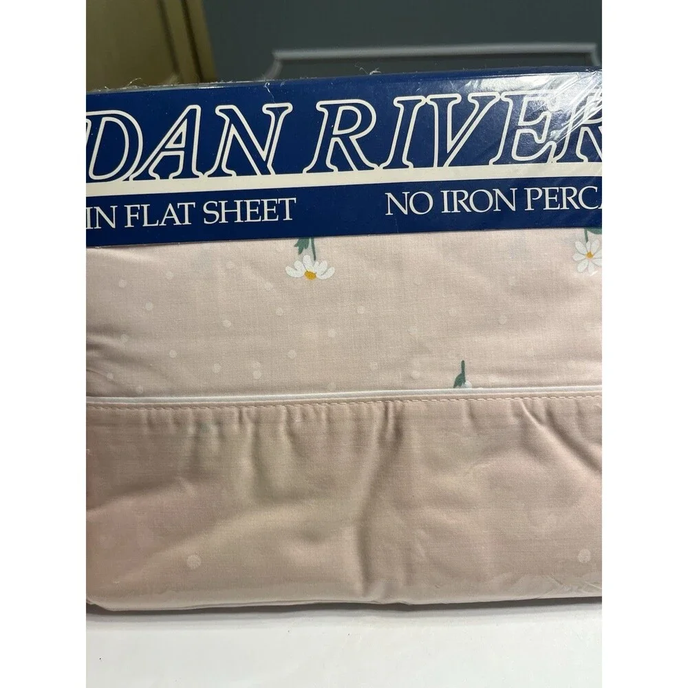 Dan River Pink w White Daisies Polka Dot Ruffled Twin Flat Sheet Vtg NOS USA